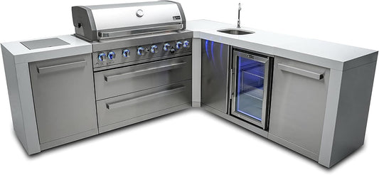 Mont Alpi MAi805-D90BEV Deluxe 90 Degree 6-Burner 115000 BTU Deluxe Stainless Steel Island Outdoor Kitchen Gas Barbecue Grill w/Wine Cooler Beverage Center Granite Countertops + Faucet & Sink