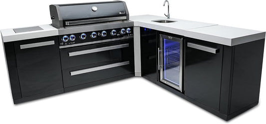 Mont Alpi MAi805-BSS90BEV Burner 115000 BTU L-Shaped 90 Degree Corner Black Stainless Steel Gas Modular Outdoor Kitchen Island BBQ Grill with Beverage Center Refrigerator + 2 Infrared Burners +Storage