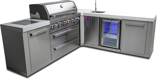 Mont Alpi MAi805-90BEV 44-inch 6-Burner 115000 BTU 90 Degree Corner Stainless Steel Gas Outdoor Kitchen Bar Barbecue Island Grill w/Wine Cooler Beverage Center Refrigerator + Faucet & Sink + Storage