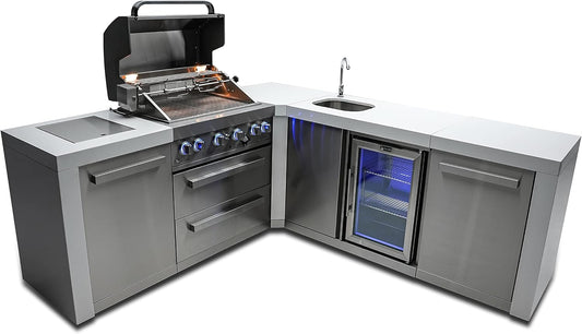 Mont Alpi MAi400-D90BEV 32-Inch 4-Burner 78000 BTU 90 Degree Corner Deluxe Stainless Steel Gas Outdoor Kitchen Barbecue Gas Island Grill w/Wine Cooler Beverage Center Refrigerator + Faucet & Sink
