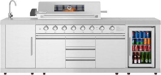 KoolMore KM-OKS-BQHUB Reserve Outdoor Kitchen Island with 6 Grill and a Side Burner, Sink, Storage Cabinet and Beverage Refrigerator, CSA Listed in Stainless-Steel, Stainless Steel