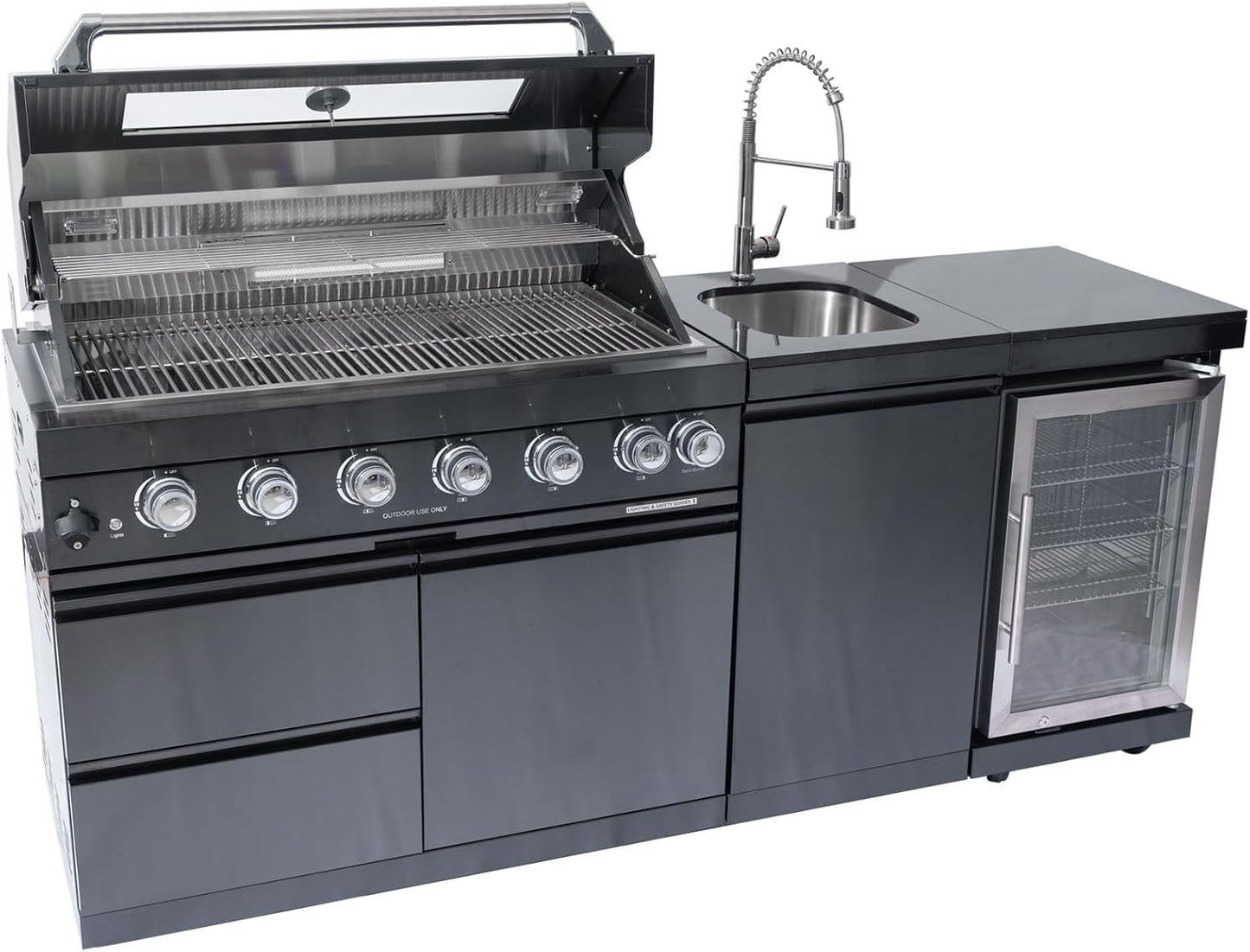 43-Inch 6-Burner 85000 BTU Deluxe Stainless Steel Gas BBQ Island Outdoor Kitchen with Wine Cooler, Rotisserie Kit, Granite Countertops & Stainless Steel Sink - Modular Outdoor Kitchen