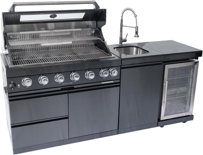 43-Inch 6-Burner 85000 BTU Deluxe Stainless Steel Gas BBQ Island Outdoor Kitchen with Wine Cooler, Rotisserie Kit, Granite Countertops & Stainless Steel Sink - Modular Outdoor Kitchen
