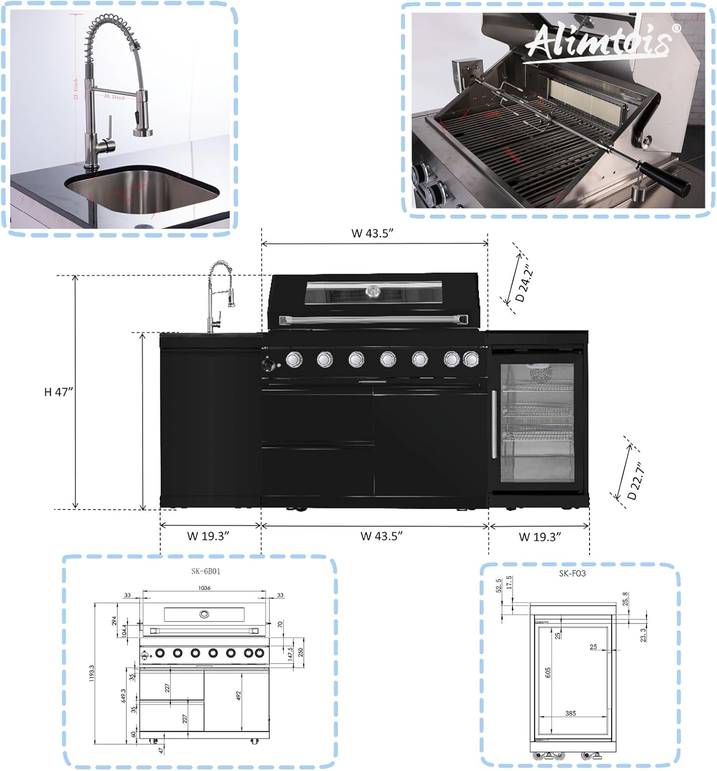 43-Inch 6-Burner 85000 BTU Deluxe Stainless Steel Gas BBQ Island Outdoor Kitchen with Wine Cooler, Rotisserie Kit, Granite Countertops & Stainless Steel Sink - Modular Outdoor Kitchen