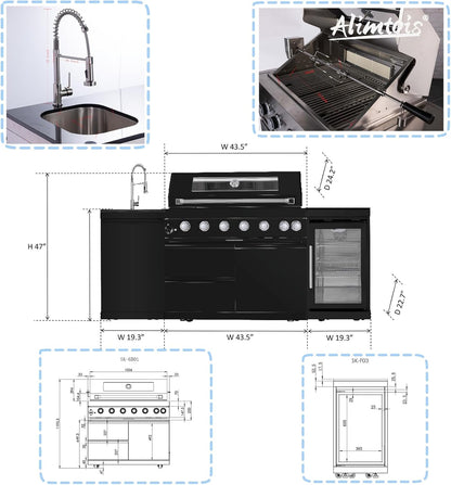 43-Inch 6-Burner 85000 BTU Deluxe Stainless Steel Gas BBQ Island Outdoor Kitchen with Wine Cooler, Rotisserie Kit, Granite Countertops & Stainless Steel Sink - Modular Outdoor Kitchen