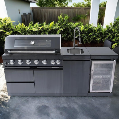 43-Inch 6-Burner 85000 BTU Deluxe Stainless Steel Gas BBQ Island Outdoor Kitchen with Wine Cooler, Rotisserie Kit, Granite Countertops & Stainless Steel Sink - Modular Outdoor Kitchen
