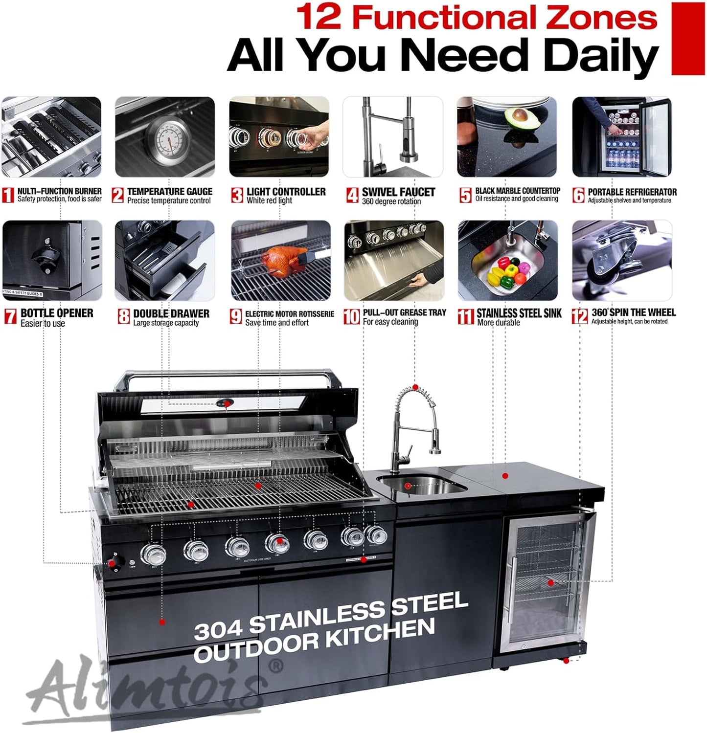 43-Inch 6-Burner 85000 BTU Deluxe Stainless Steel Gas BBQ Island Outdoor Kitchen with Wine Cooler, Rotisserie Kit, Granite Countertops & Stainless Steel Sink - Modular Outdoor Kitchen