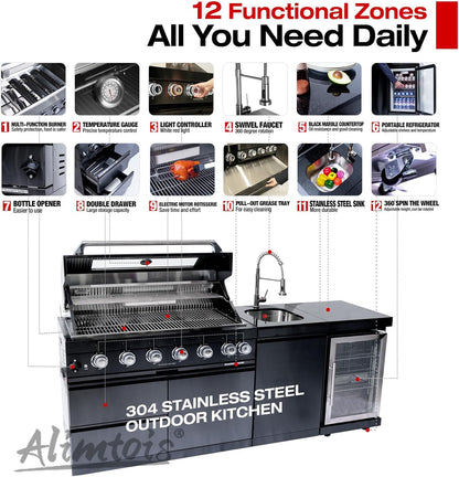 43-Inch 6-Burner 85000 BTU Deluxe Stainless Steel Gas BBQ Island Outdoor Kitchen with Wine Cooler, Rotisserie Kit, Granite Countertops & Stainless Steel Sink - Modular Outdoor Kitchen