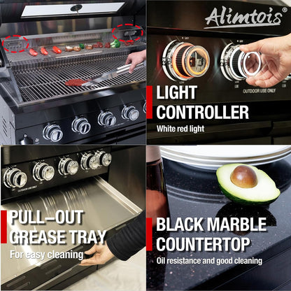 43-Inch 6-Burner 85000 BTU Deluxe Stainless Steel Gas BBQ Island Outdoor Kitchen with Wine Cooler, Rotisserie Kit, Granite Countertops & Stainless Steel Sink - Modular Outdoor Kitchen