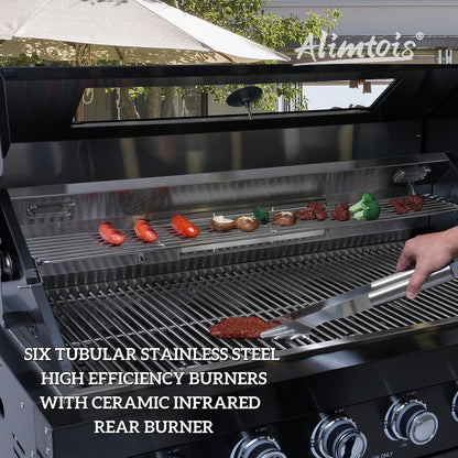 43-Inch 6-Burner 85000 BTU Deluxe Stainless Steel Gas BBQ Island Outdoor Kitchen with Wine Cooler, Rotisserie Kit, Granite Countertops & Stainless Steel Sink - Modular Outdoor Kitchen