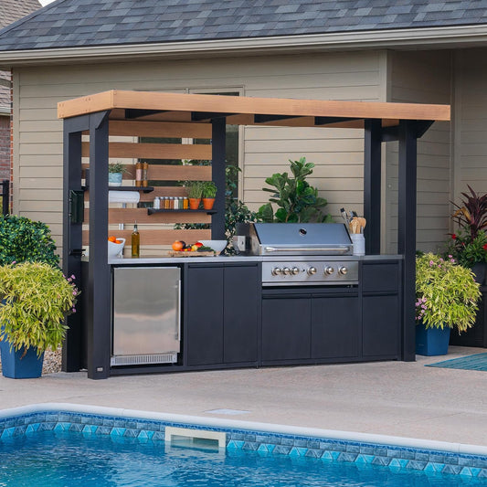 Backyard Discovery Fusion Flame Galvanized Steel Covered Outdoor Kitchen with 5-Burner Stainless Steel Grill, Pizza Oven, Refrigerator, Countertop, Storage, Steel Roof for All-Season Outdoor Cooking